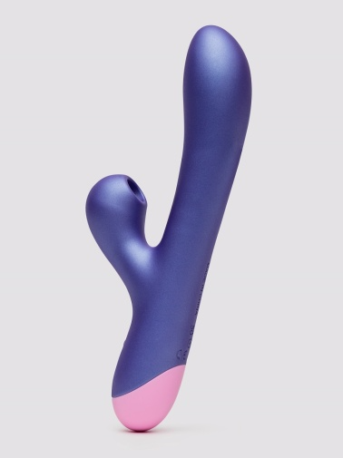 A purple and pink rabbit vibrator with a curved shape.