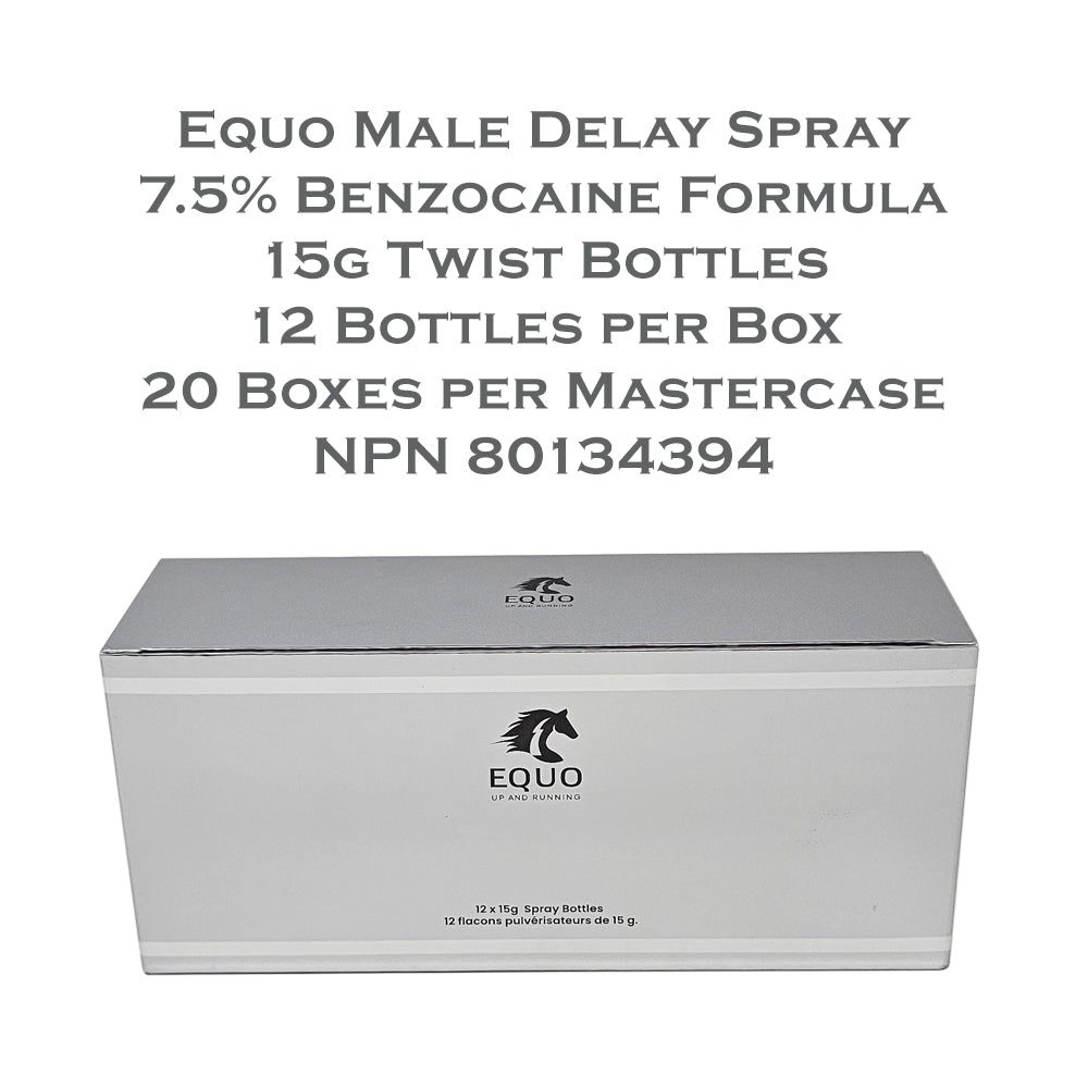A box of Equo Male Delay Spray with 7.5% Benzocaine formula.