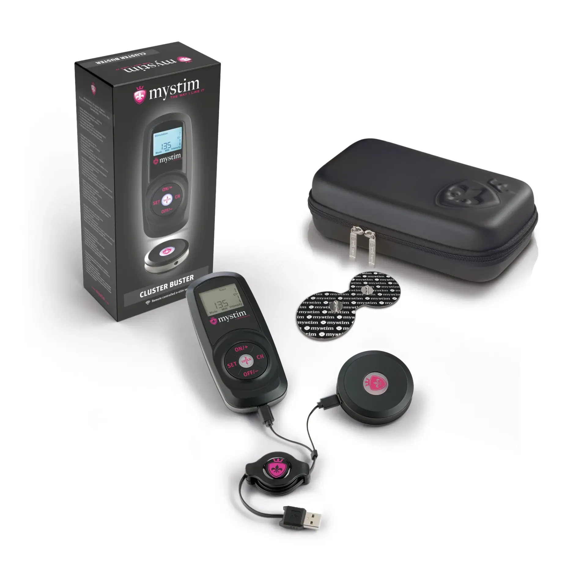 Mystim wireless e-stim device starter kit with remote control and accessories.