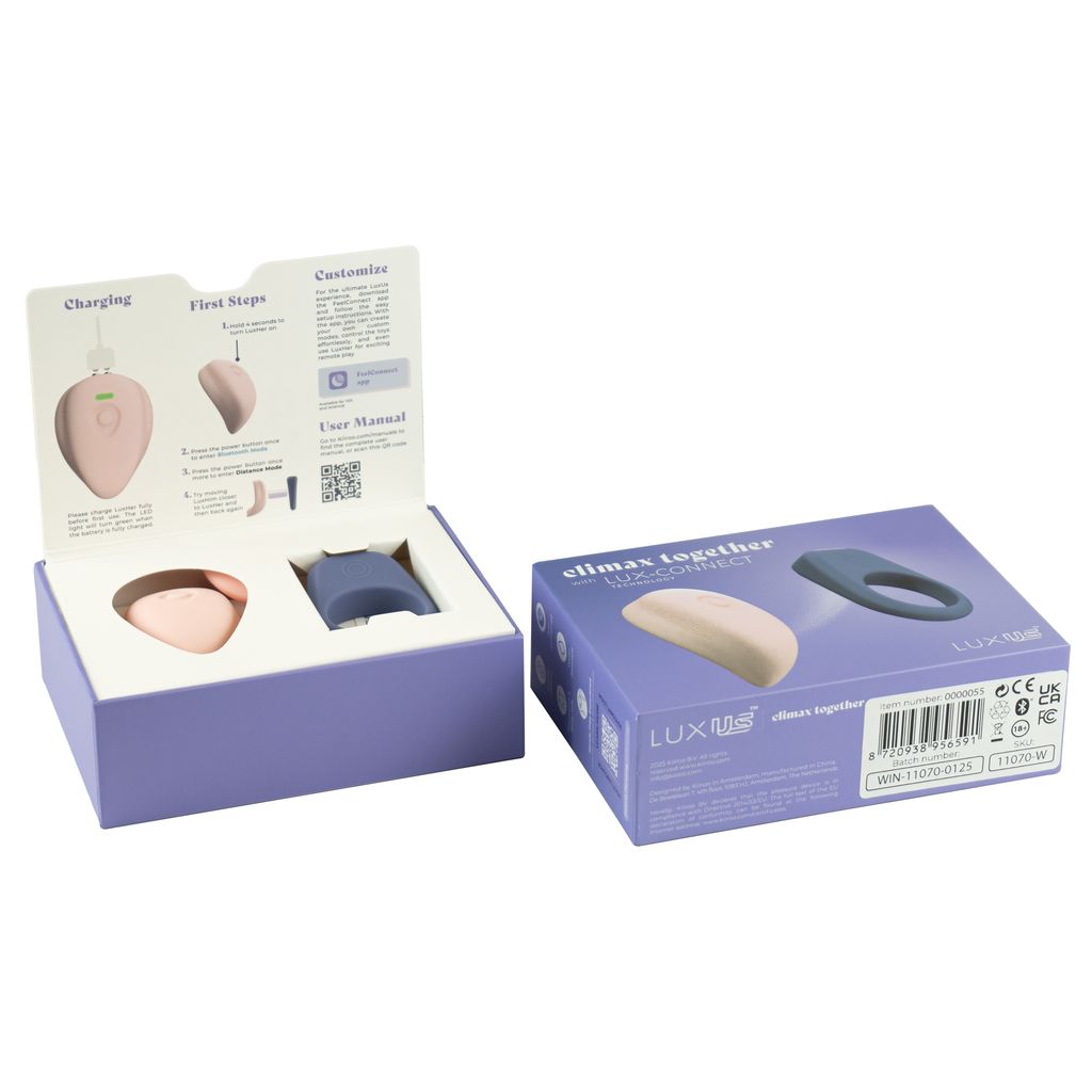 A pink and blue couples vibrator set with a magnetic ring, displayed in its packaging.