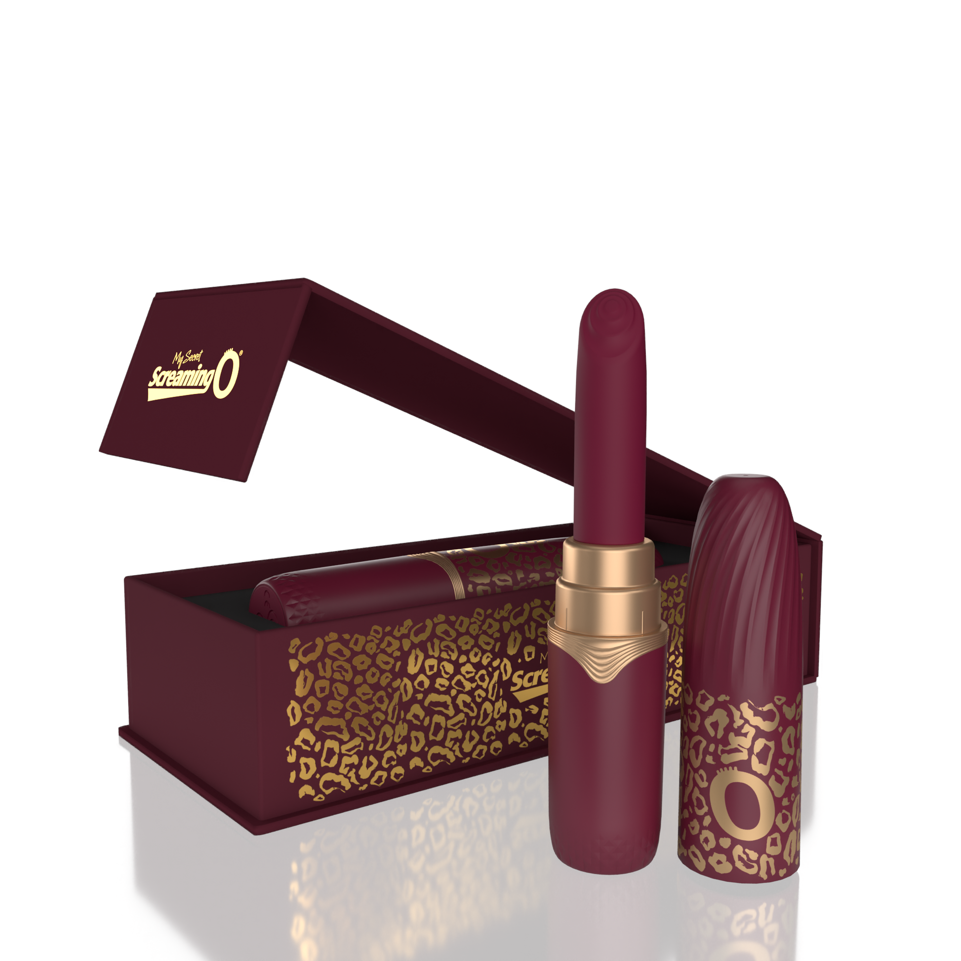 A merlot lipstick vibrator with gold accents and leopard print details in an open box.