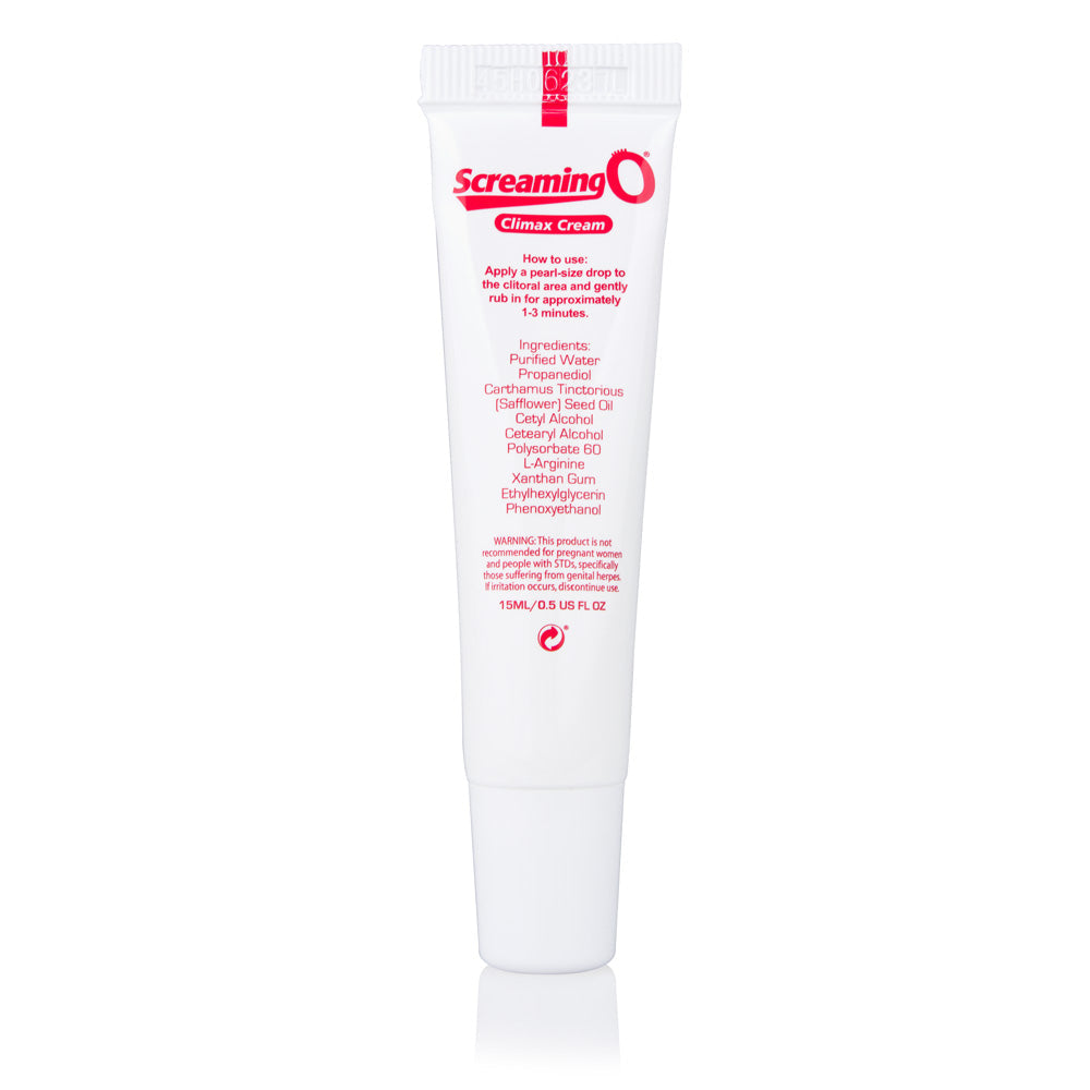 Screaming O Climax Cream in a white tube with red text.