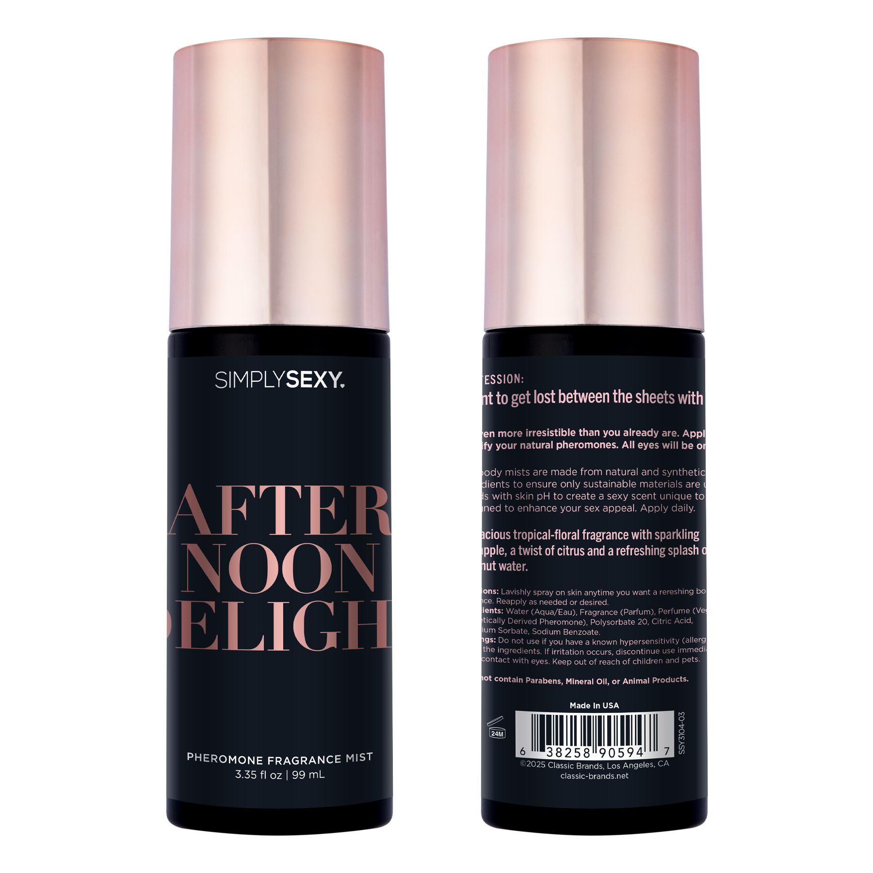 Simply Sexy Afternoon Delight Pheromone Body Mist with tropical scent.