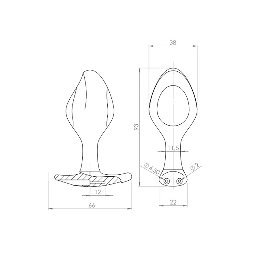 Technical drawing of a vibrating prostate butt plug with dimensions.