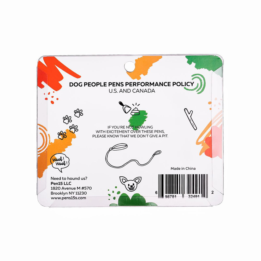 Dog People Pens performance policy with dog-themed illustrations and contact information.