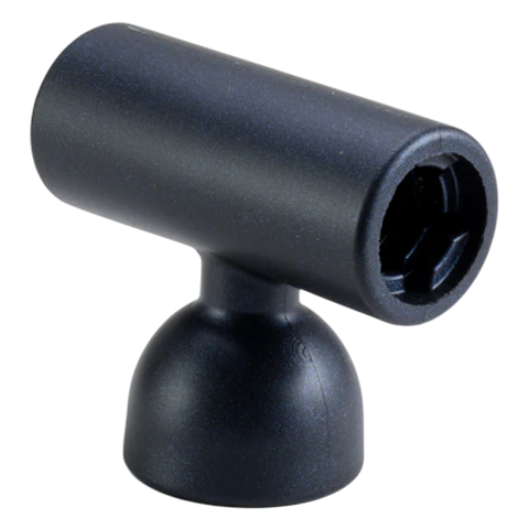 Black textured silicone masturbator sleeve with a T-shaped connector.