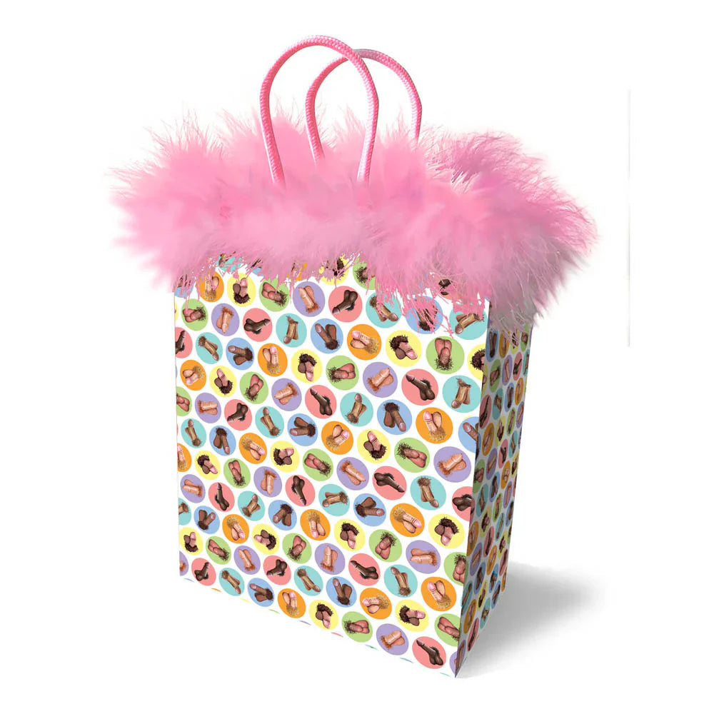 Gift bag with penis pattern and pink feather trim.