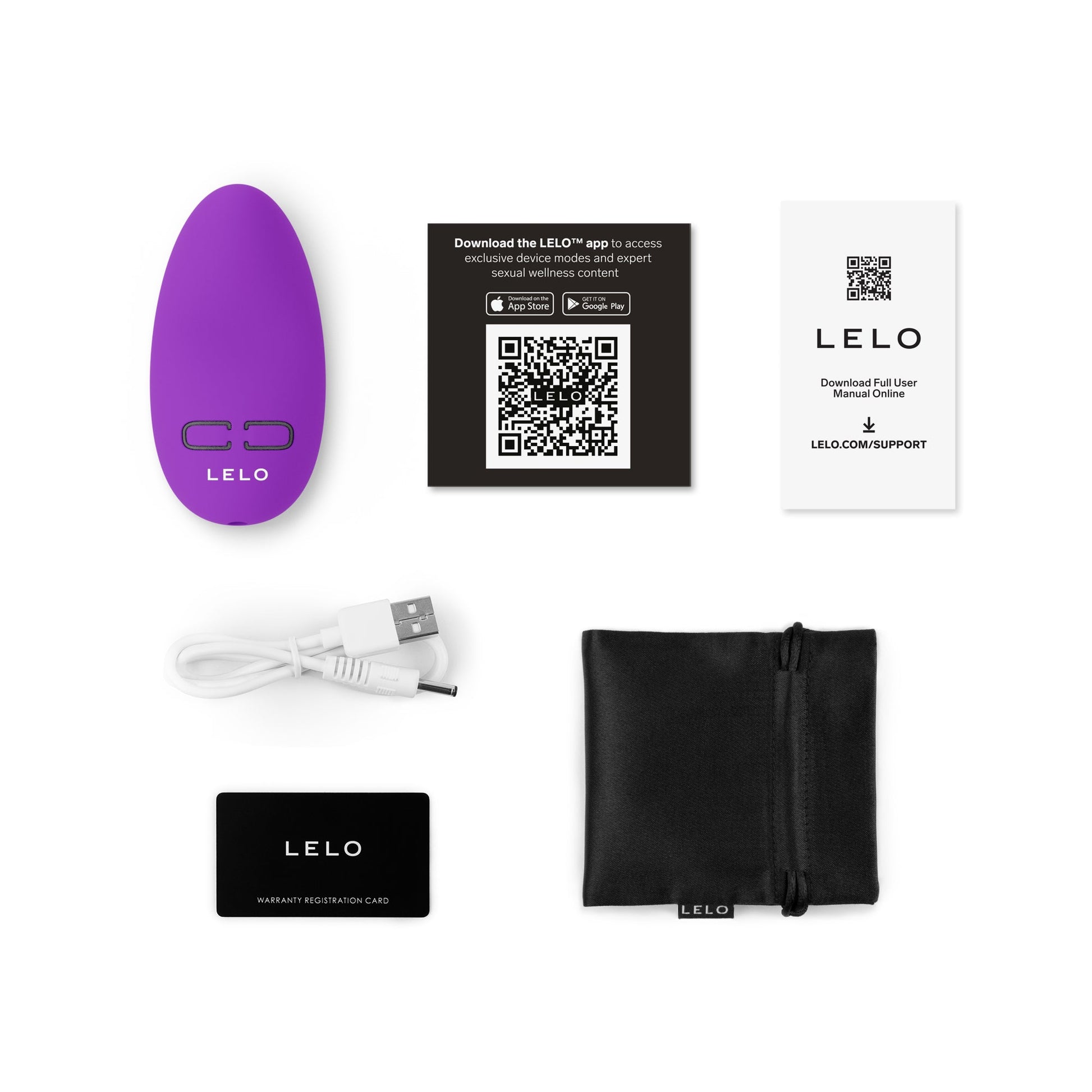 Purple app-controlled clitoral massager with USB cable, storage pouch, and warranty card.