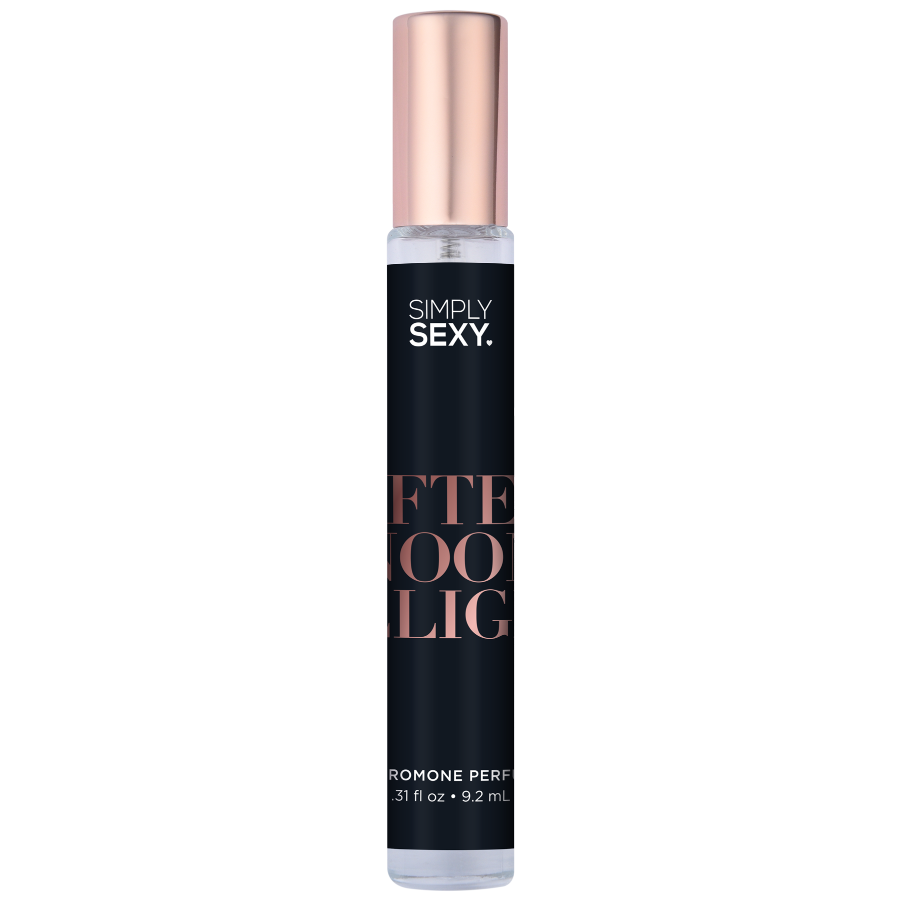 Simply Sexy Afternoon Delight Pheromone Perfume Spray with a rose gold cap.
