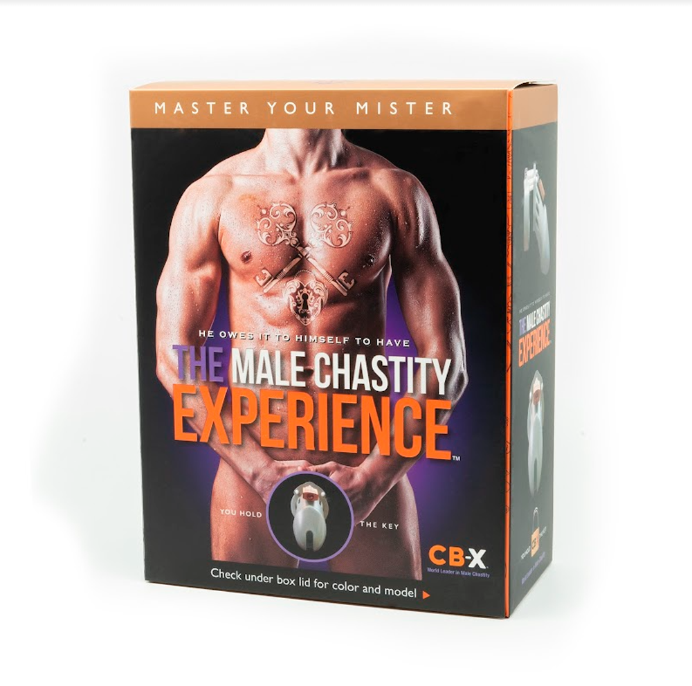 Box for a male chastity cage with text and imagery of a man's torso.