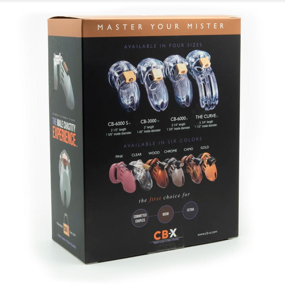 Box for a clear polycarbonate male chastity device kit showing different sizes and colors.