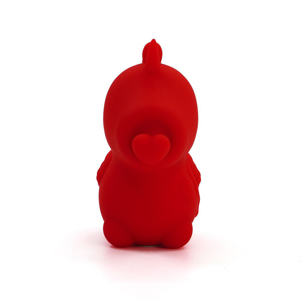A red silicone chicken-shaped clitoral stimulator with a heart-shaped mouth.