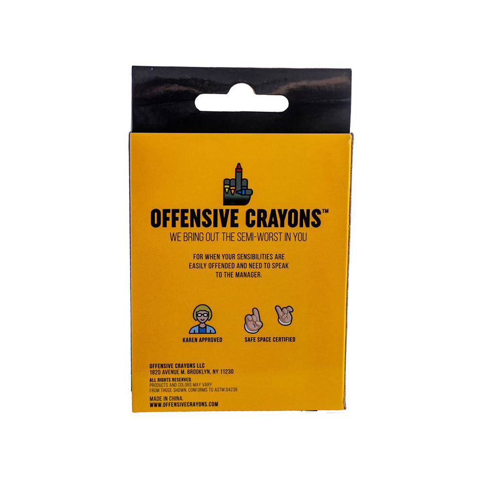 Box of "Offensive Crayons" with a middle finger graphic and humorous text.