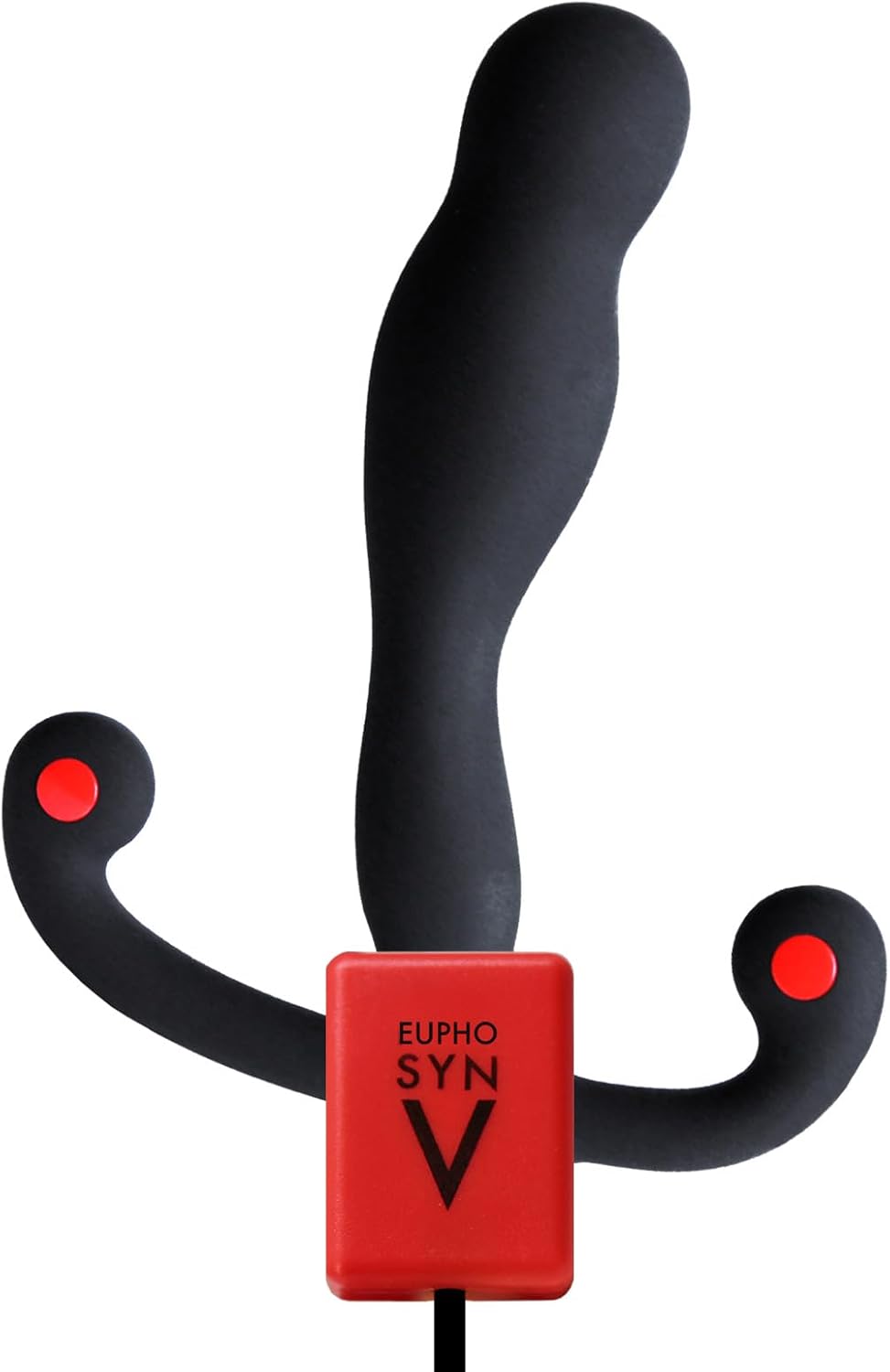 Black vibrating prostate massager with red accents and a red control box.