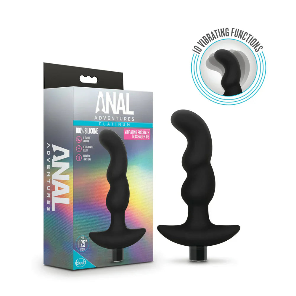Black silicone prostate massager with a curved design and a wide base.