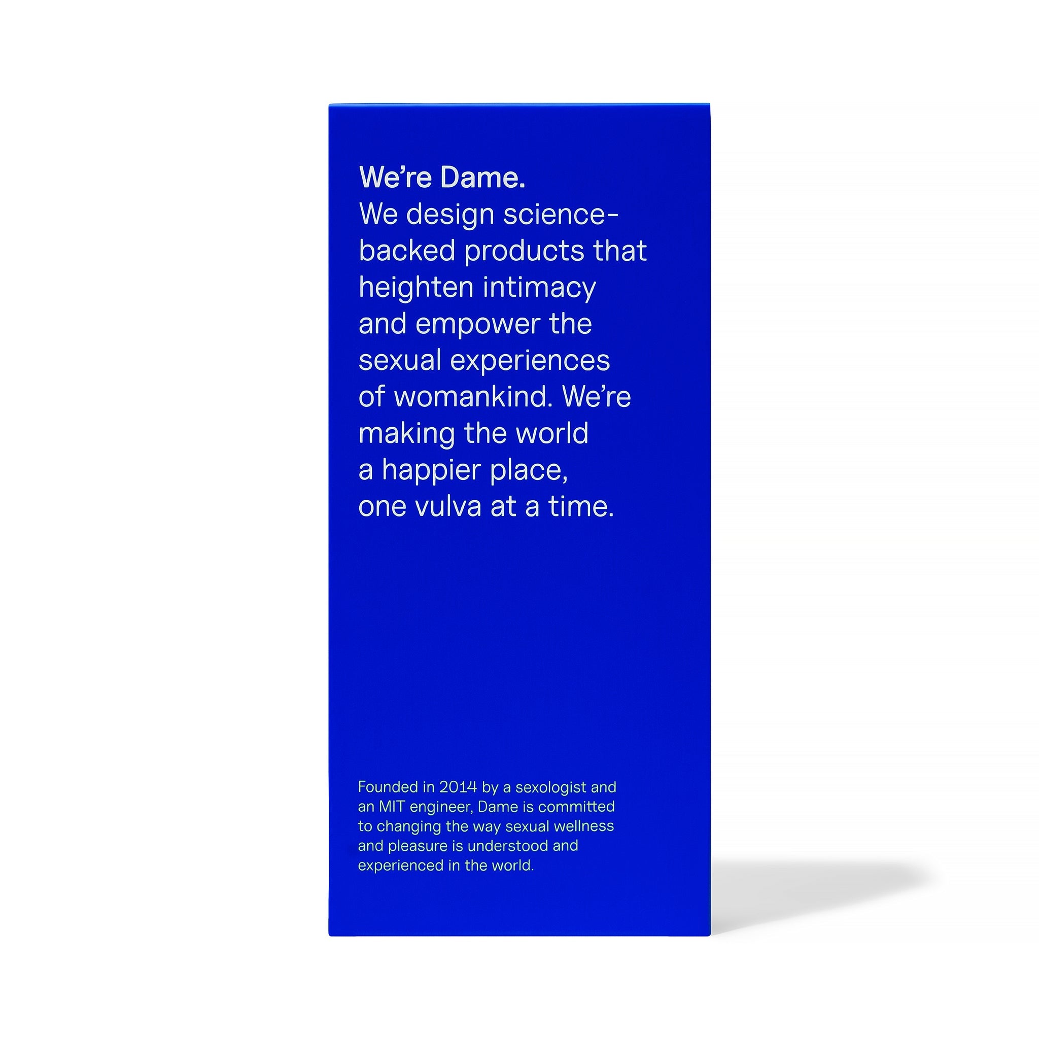A blue box with white text describing Dame products and their mission.