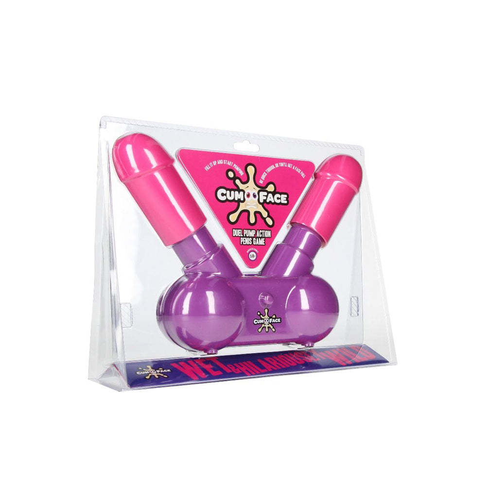 A pink and purple pump action duel water game in clear packaging.