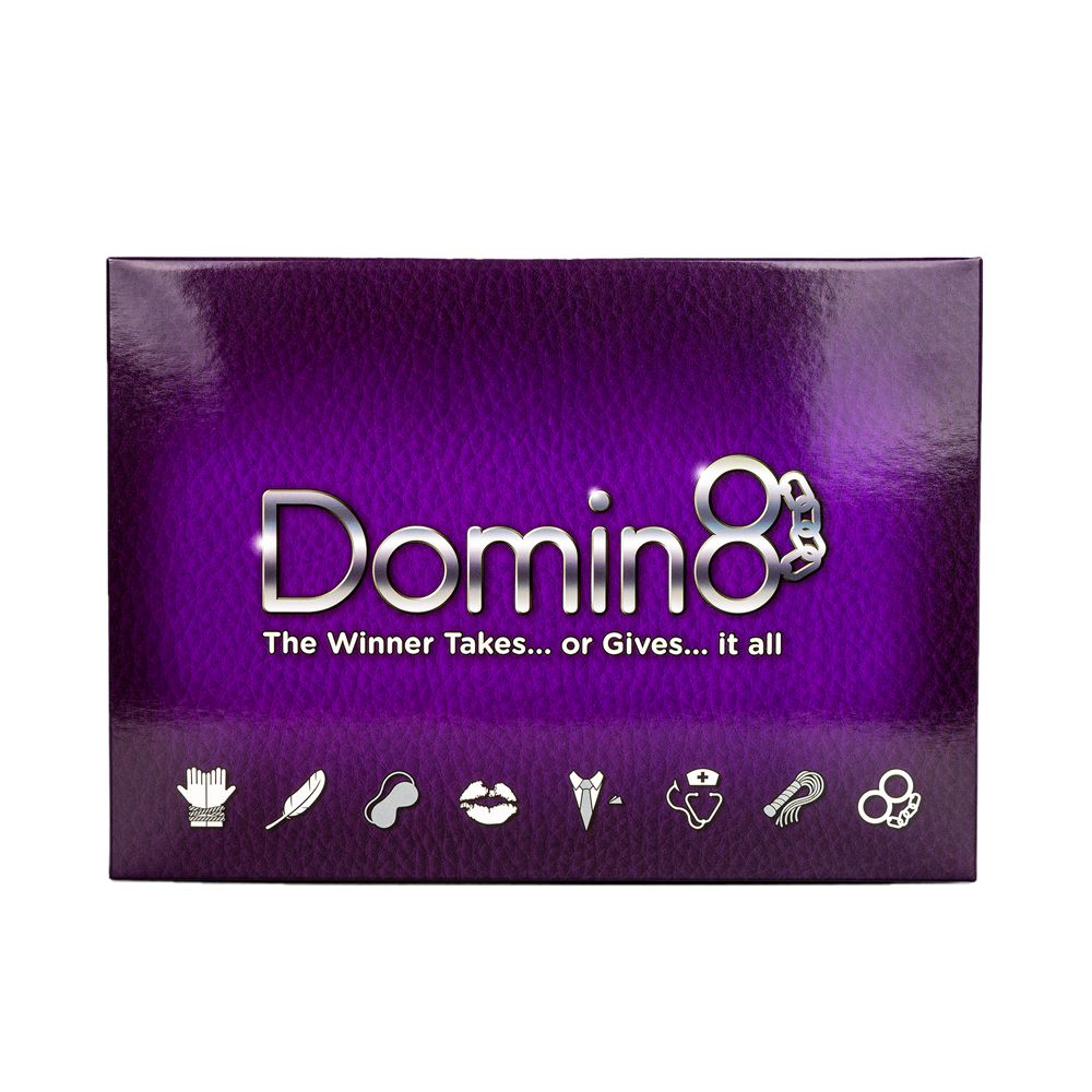 Domin8 adult roleplay card game box with purple textured background and icons.
