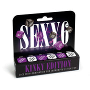 Sexy 6 Kinky Edition adult dice game with dice showing various actions and roles.