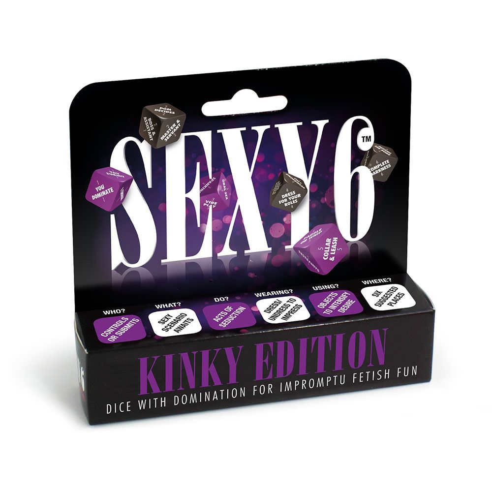 Sexy 6 Kinky Edition adult dice game with dice showing various actions and roles.
