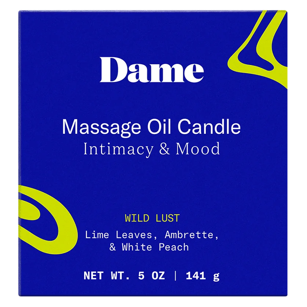 Dame Wild Lust massage oil candle with lime leaves, ambrette, and white peach.
