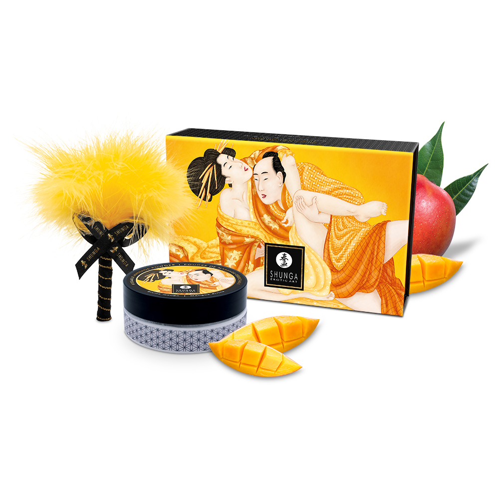 Mango flavored body powder with a yellow feather applicator and a box with erotic art.