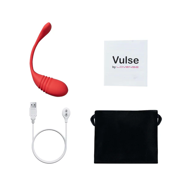 Red Vulse app-controlled vibrator with USB charging cable and storage pouch.