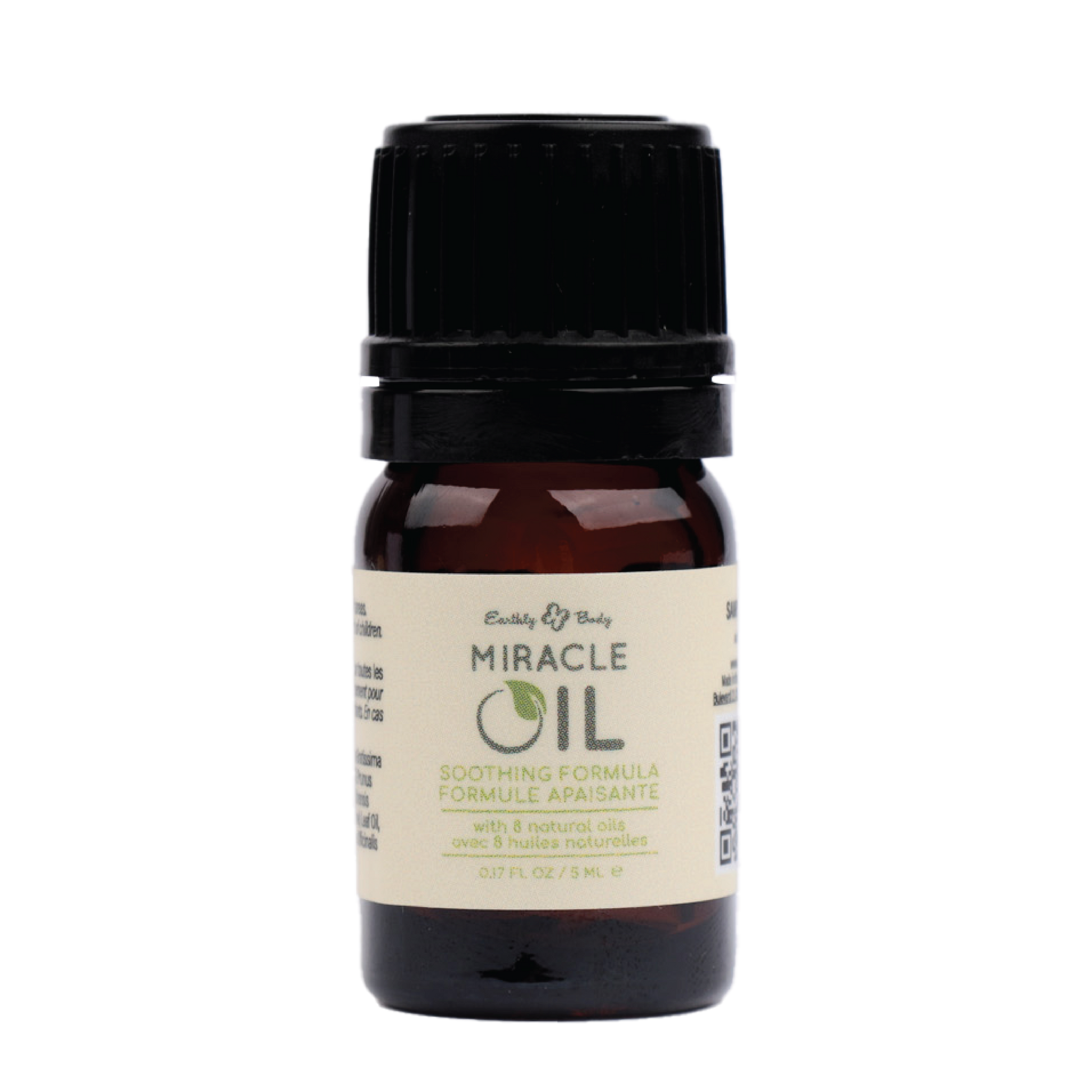 A small amber bottle of Earthly Body Miracle Oil with a black cap.