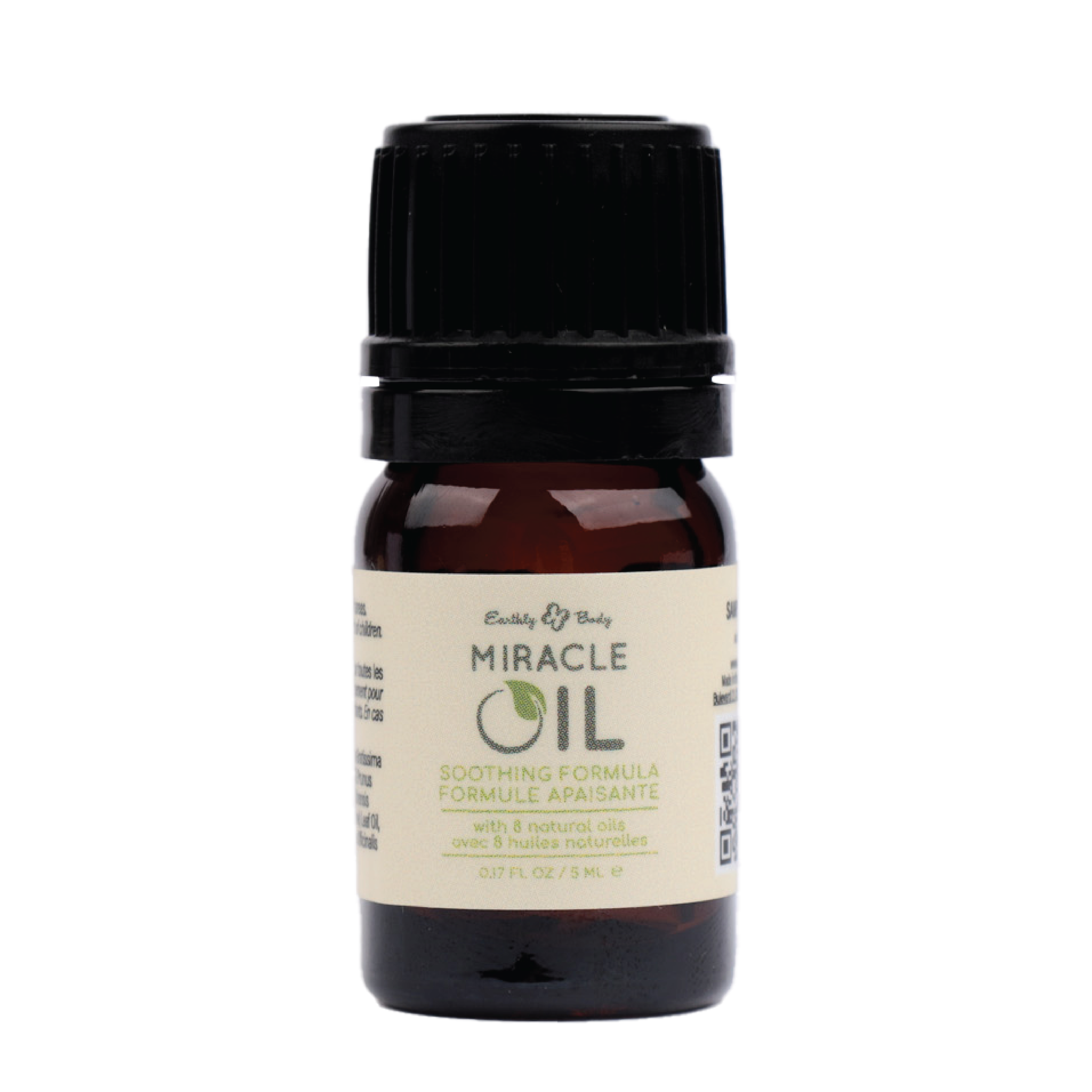 A small amber bottle of Earthly Body Miracle Oil with a black cap.