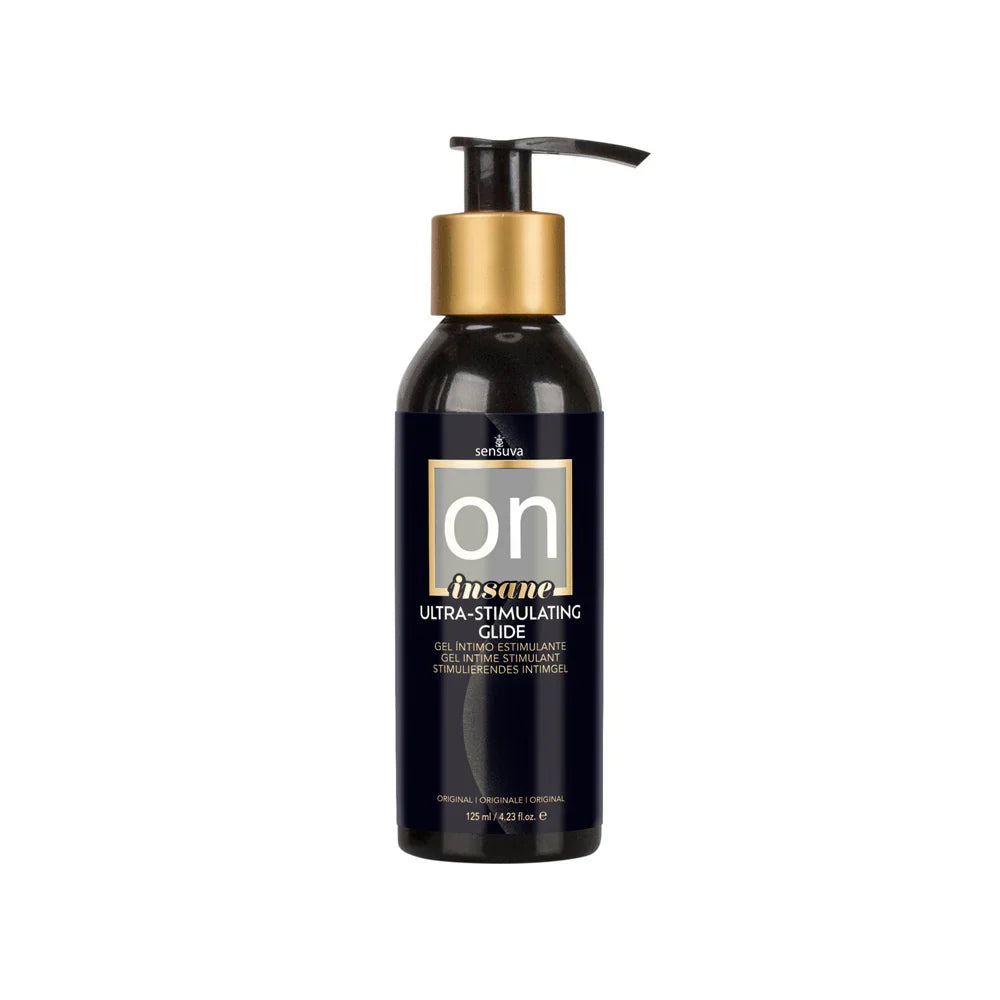 A black bottle of Sensuva Insane Ultra-Stimulating Glide with a gold pump dispenser.