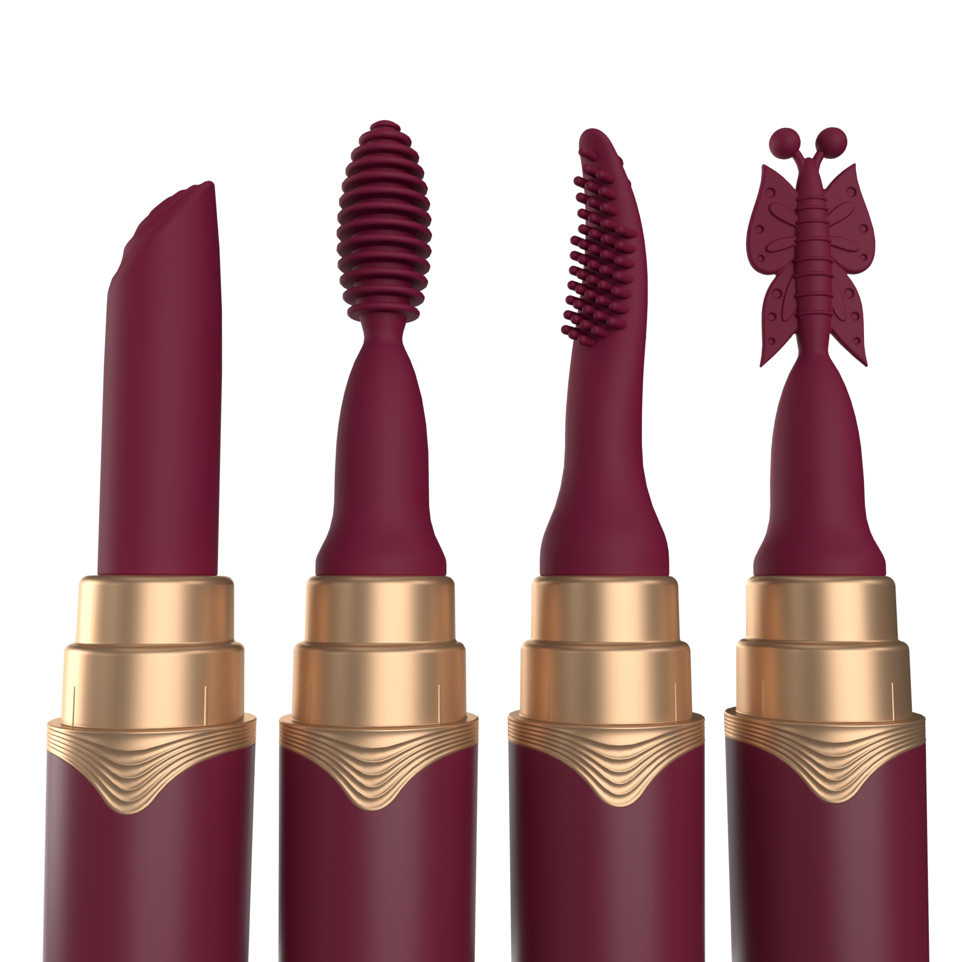 Rechargeable lipstick vibrator with four interchangeable tips in merlot.