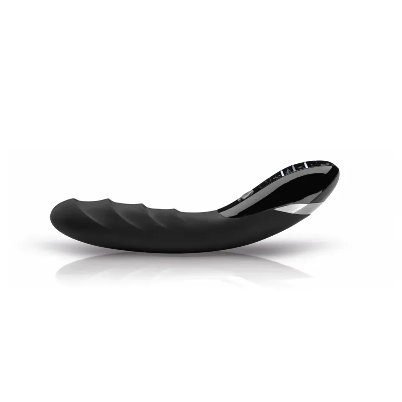 Black silicone vibrator with textured grip and control panel.