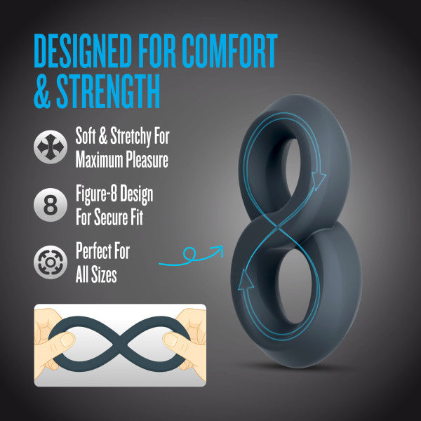 A grey silicone figure-8 cock ring with arrows indicating flexibility.