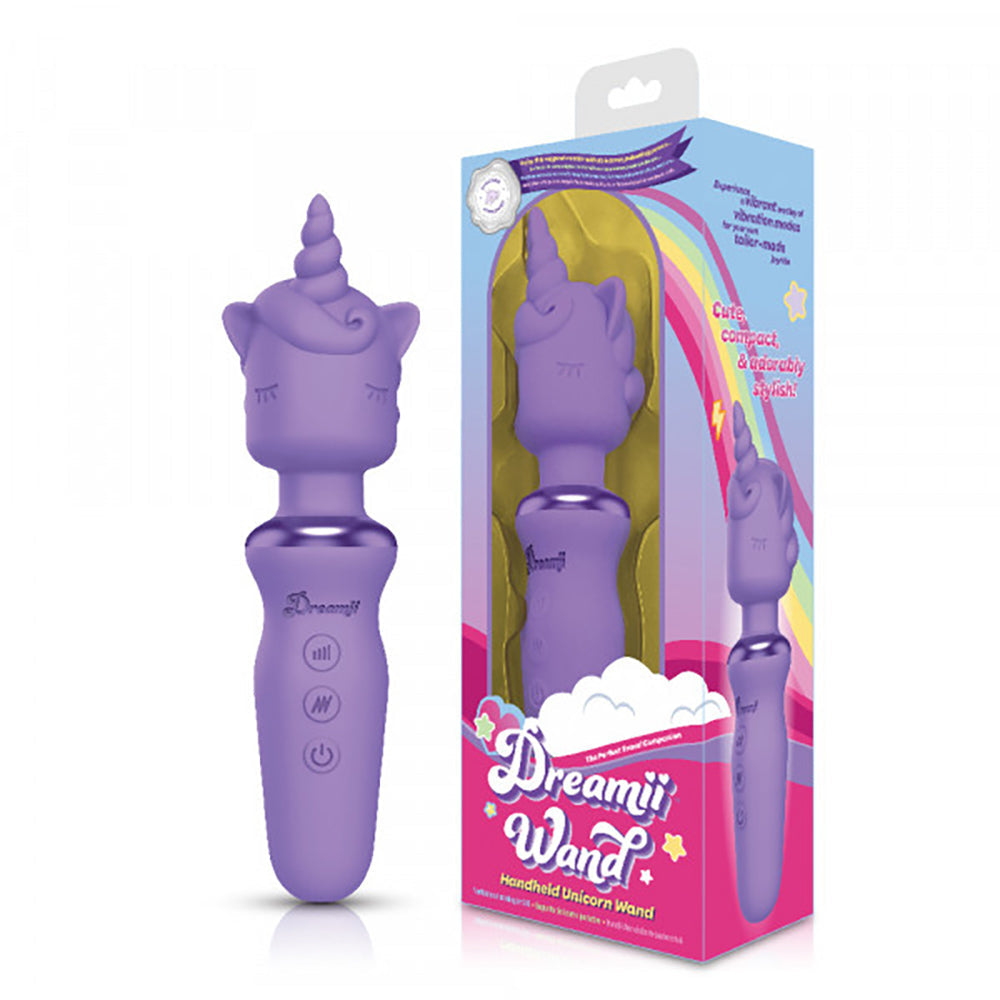 A lilac unicorn wand massager with a rechargeable handle and buttons.