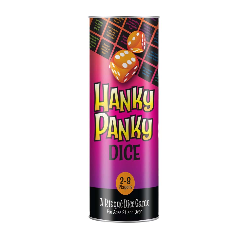 Hanky Panky Dice Game with suggestive challenges and two orange dice.