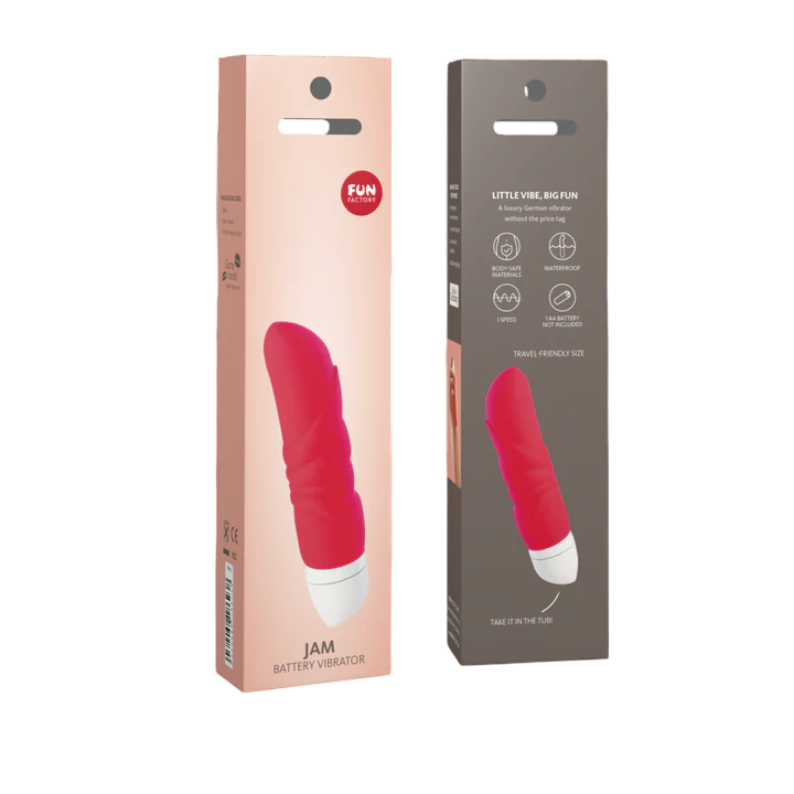 Fun Factory Jam Mini battery operated ridged clitoral vibrator in pink.