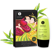 Shunga Hold Me Tight feminine toning gel in a lime green tube next to its box.