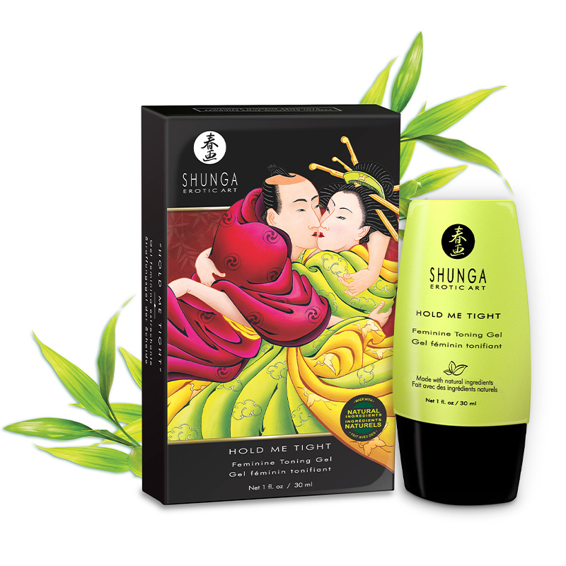 Shunga Hold Me Tight feminine toning gel in a lime green tube next to its box.
