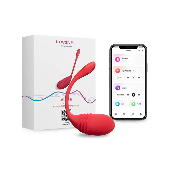 Red Lovense Vulse app-controlled egg vibrator with its packaging and a smartphone displaying the app.