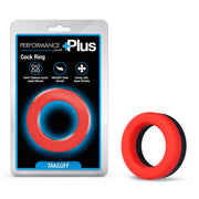 A red and black thick silicone cock ring with product information.