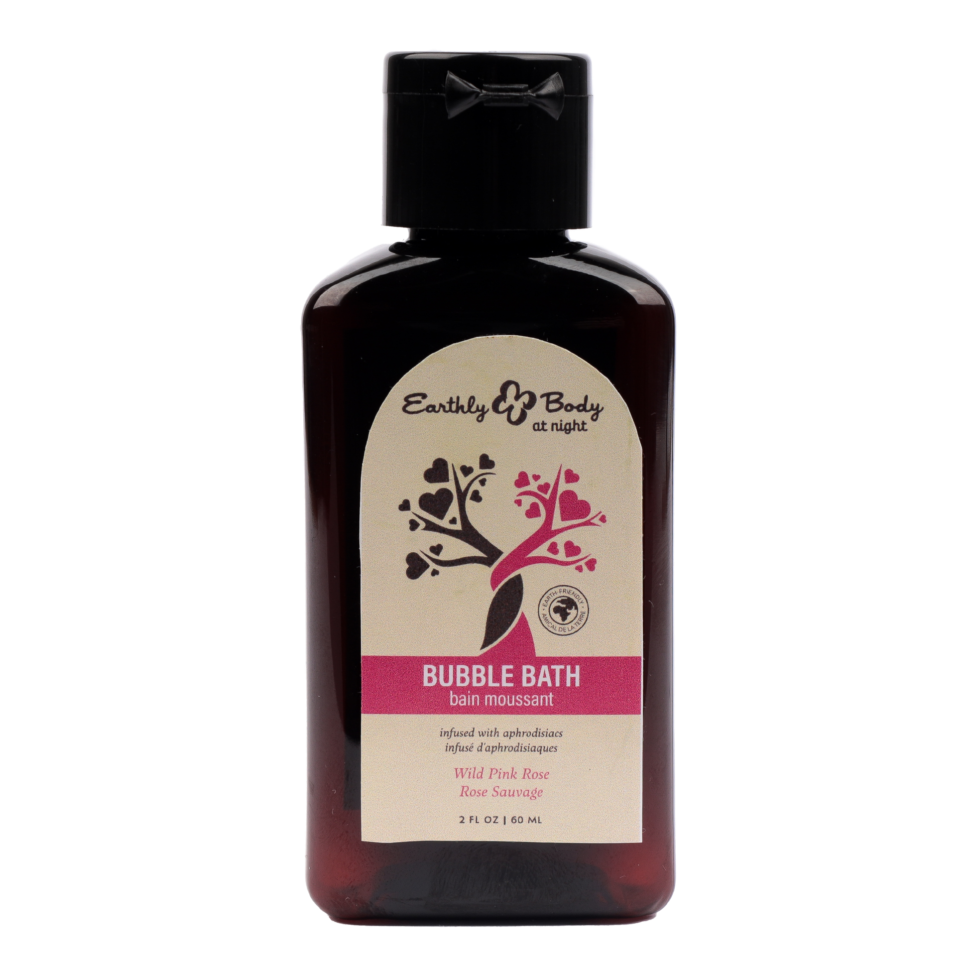 A bottle of Earthly Body Wild Pink Rose Bubble Bath with a tree design.