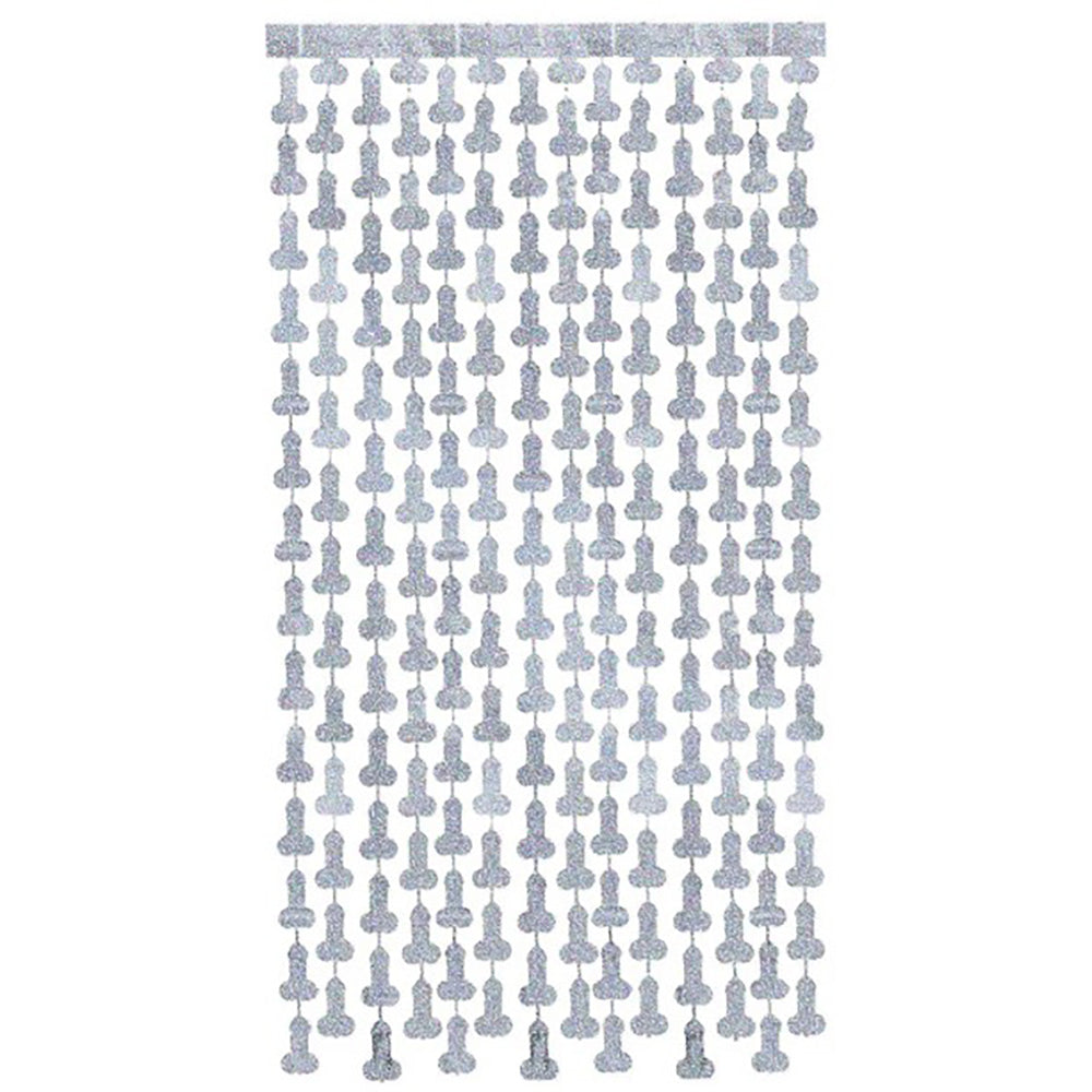 Silver metallic foil party backdrop with repeating phallic shapes.