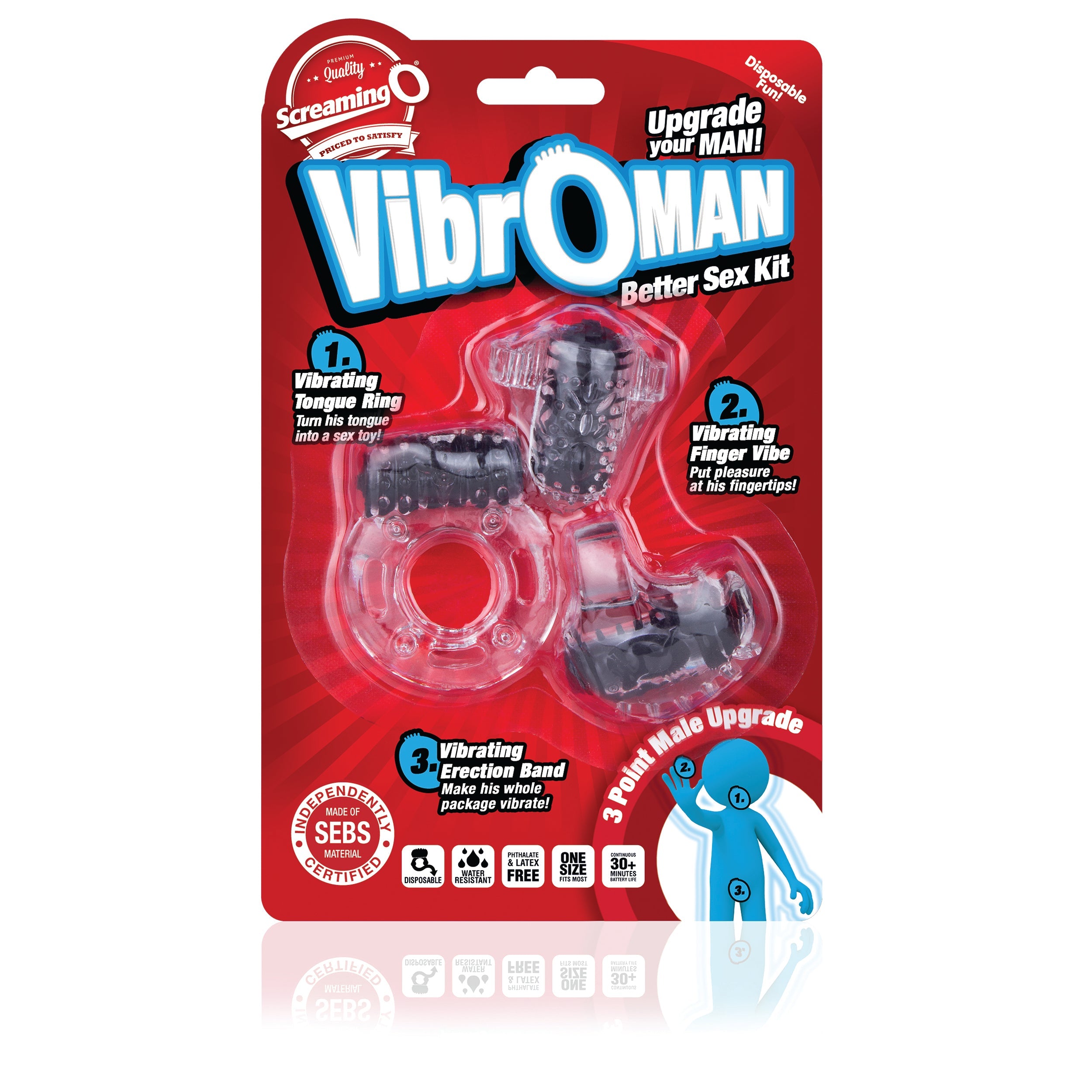 VibrOMan 3-piece couples vibrator starter kit in black.