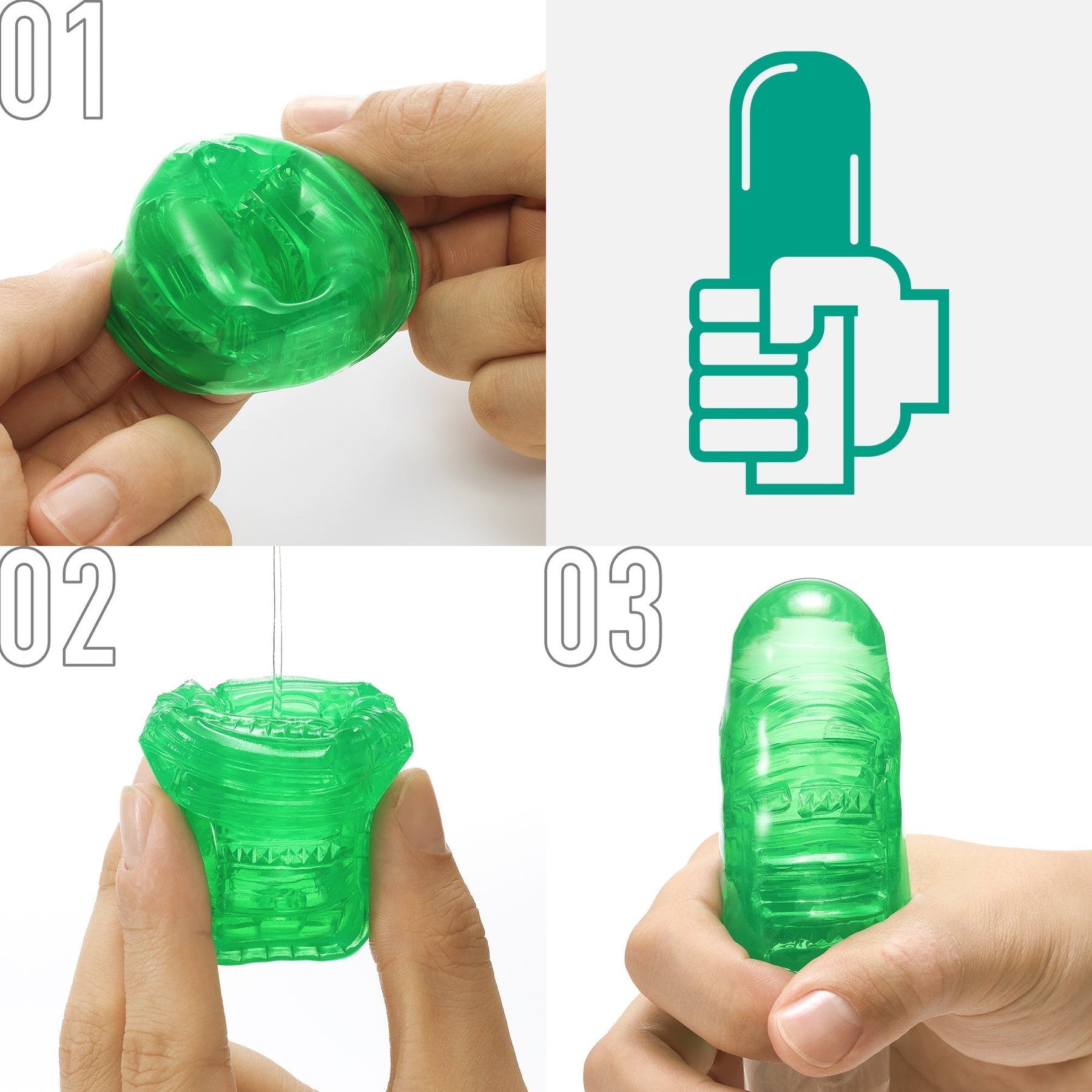 Tenga Uni Diamond reversible sleeve in green, shown in three stages of use.