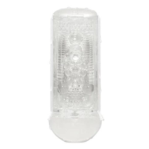 Clear reusable male masturbator with textured interior and white base.
