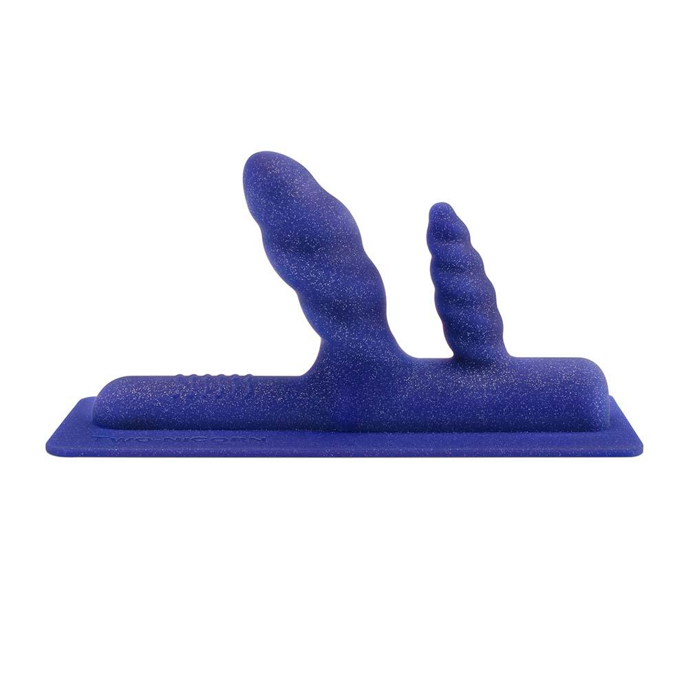 Blue textured G-spot and prostate machine attachment with two ribbed ends.