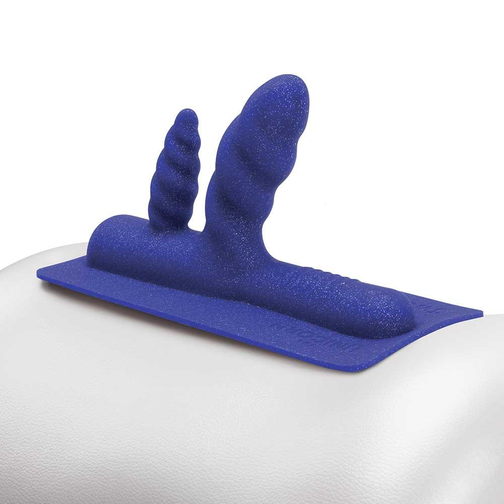 Blue textured G-spot and prostate machine attachment with a swirl head and bulbous tip.