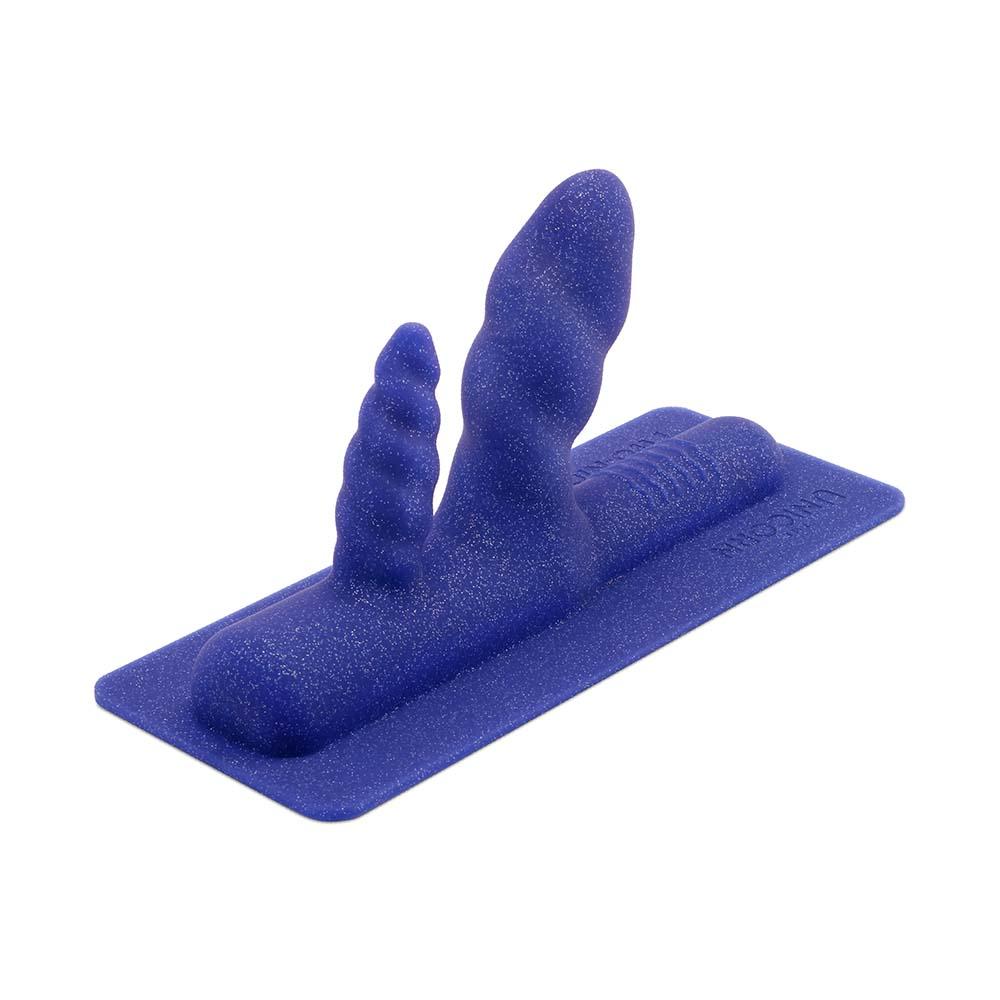 Blue textured G-spot and prostate machine attachment with a swirled head and bulbous tip.