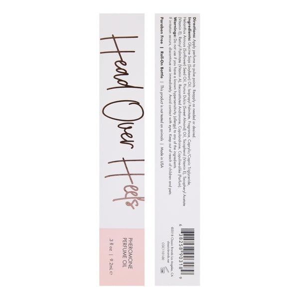 Head Over Heels Pheromone Perfume Oil roll-on bottle with ingredients and barcode.