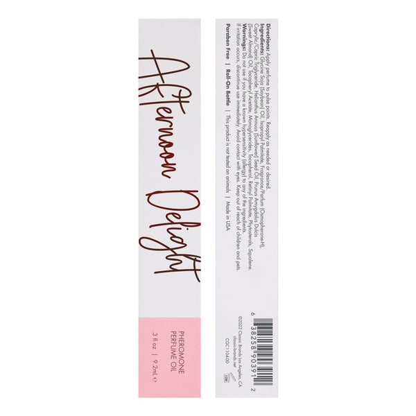 Afternoon Delight Pheromone Perfume Oil roll-on with ingredients and warnings.